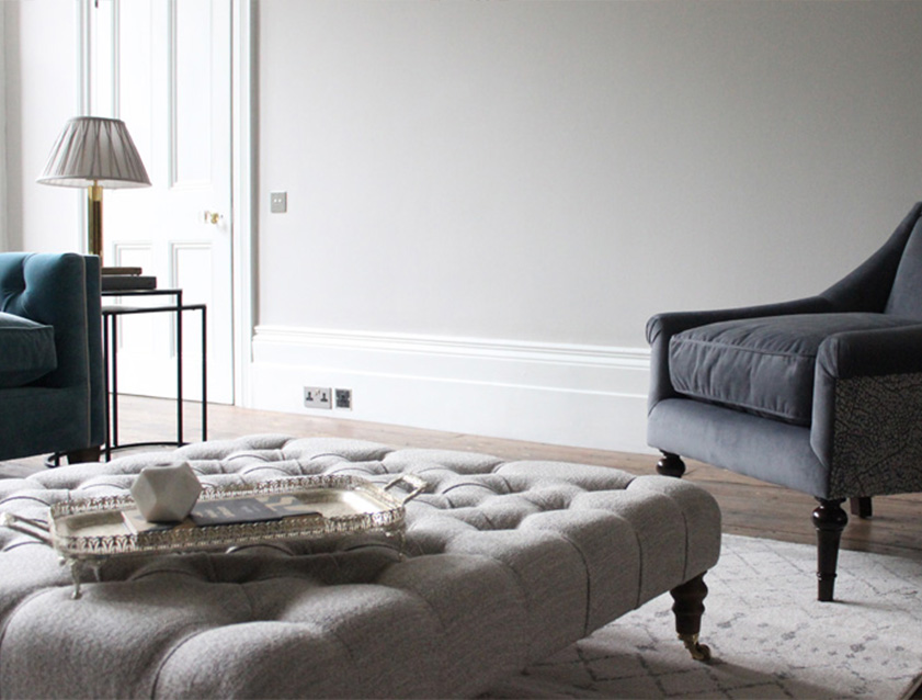 Pentlow Footstool in Tennyson Cockle & Lyme Regis chair Gunmetal and Warick Plush Velvet Steel